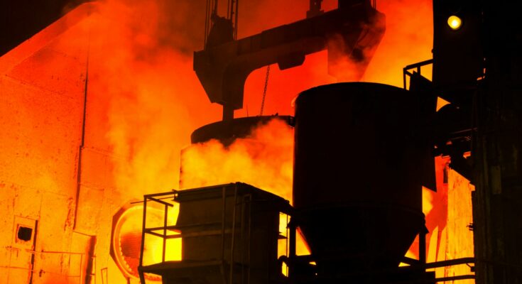 The inside of a steel mill