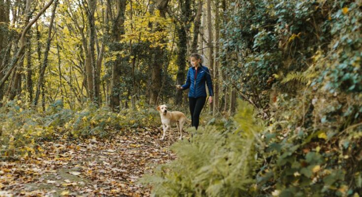 Woman and dog walking on trail