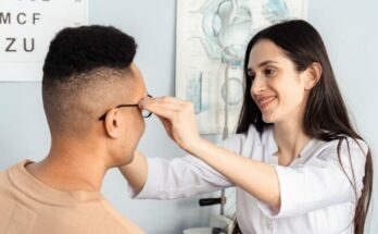 Doctor putting eyeglasses on a man