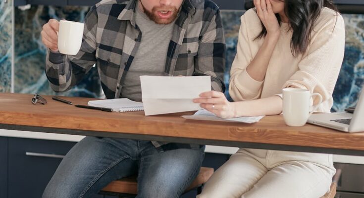 A couple looking at the document in shocked emotion.