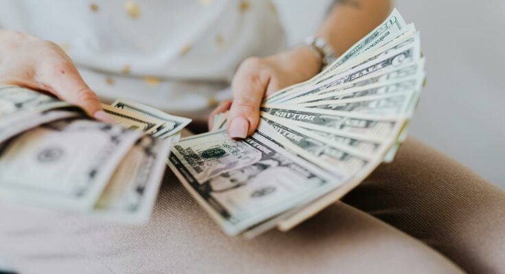 Person holding fan of dollar bills
