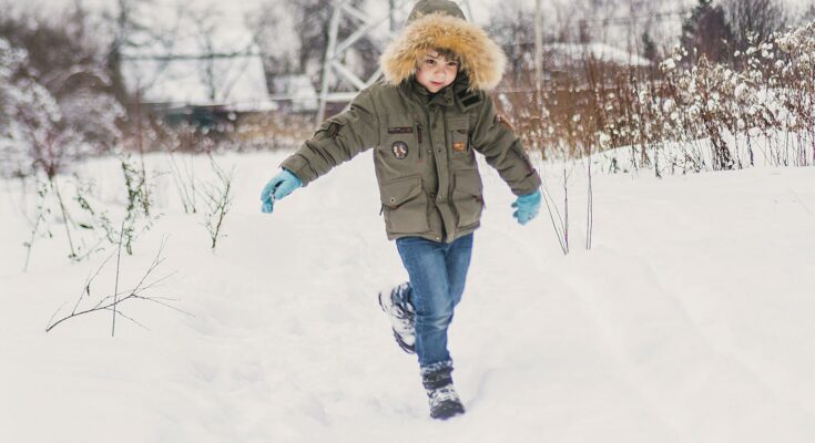 Child in winter jacket standing on snow covered ground