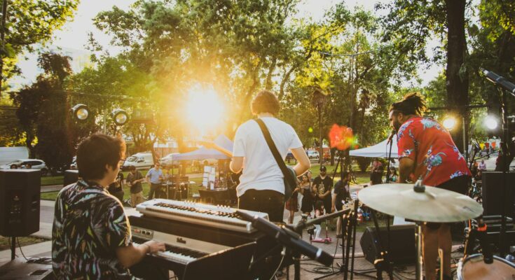 A band playing music in a park in summer