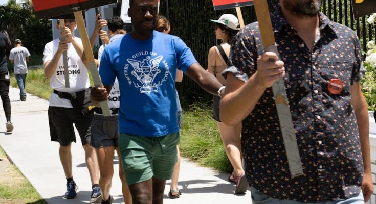Men walking with banners