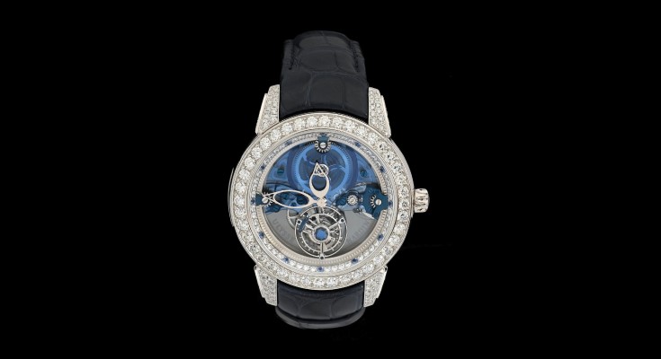 Rare and important Ulysse Nardin (Swiss) Royal Blue Mystery Tourbillon limited edition platinum, diamond and sapphire wristwatch, Ref. No. 7990093, #1 of only 99 made. Case in solid 950 platinum, 43mm diameter with 41mm diamond bezel. Original box, papers. Estimate: $150,000-$250,000