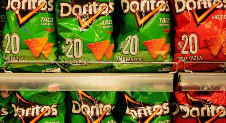 Colorful doritos display in supermarket