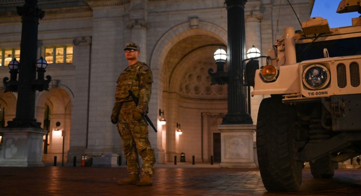 Soldiers assigned to the District of Columbia National Guard are positioned at locations around Washington