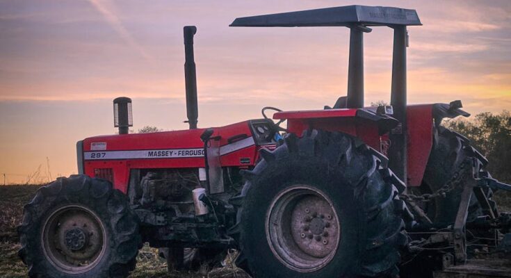 Red tractor in field at sunset