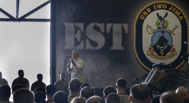 Secretary of War Pete Hegseth delivers remarks to U.S. service members aboard the USS Iwo Jima