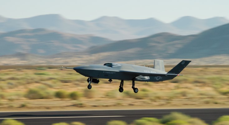 A YFQ-42A Collaborative Combat Aircraft takes off during flight testing at a Calif. test location