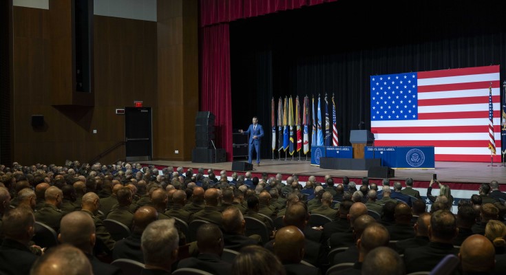 Secretary of War Pete Hegseth delivers remarks during a War Department address at Marine Corps Base Quantico, Va., Sept. 30, 2025.