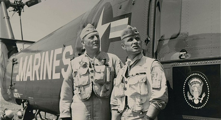 Col. Virgil Olson, left, and then first Lt. Ronald Nelson stand with Marine One