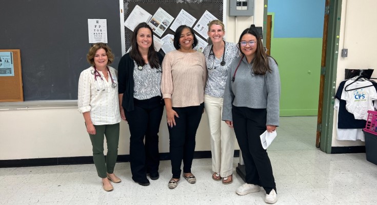 Villanova nursing faculty Becky Mueller and Anne Gregor, along with FCN students Sarah Finocchiaro and Deborah Toledo Batbatan, visited Jameka Walker at Catholic Partnership Schools.