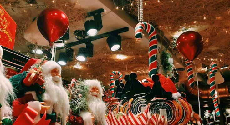 Festive christmas decorations in store display