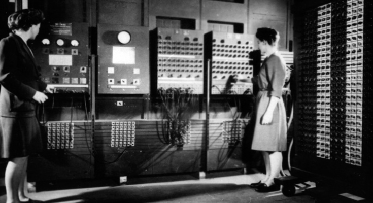 Jean Jennings Bartik and Francis Bilas Spence with ENIAC at press demonstration, February 1946; Image courtesy of University of Pennsylvania