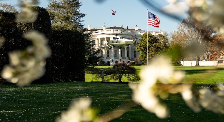 President Donald J. Trump disembarks Marine One on the South Lawn of the White House.