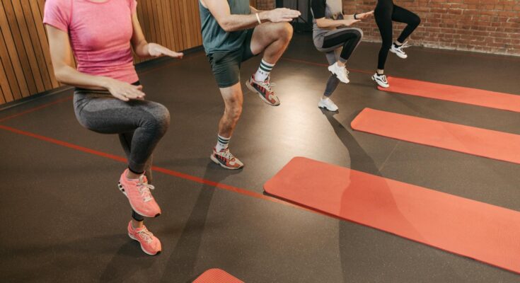 a group of people running in place
