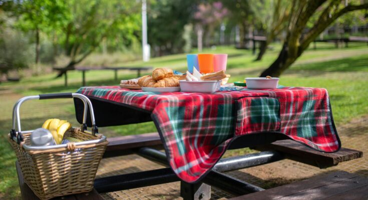 blanket on picnic table