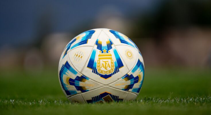 close up of an argentinian soccer ball on grass