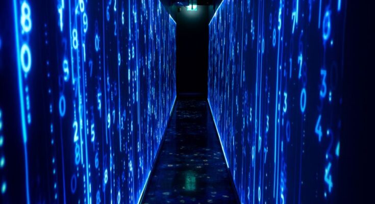 futuristic blue digital data tunnel