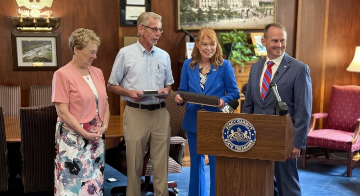 Treasurer Garrity returns military decorations to Fred and Karen Pershing with state Rep. Eric Nelson
