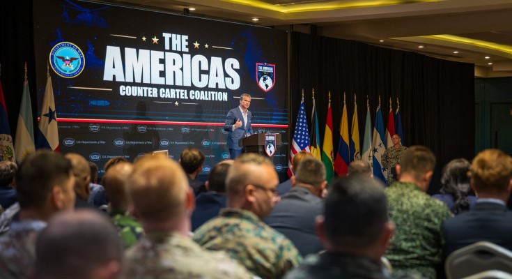 Secretary of War Pete Hegseth speaks during an Americas Counter Cartel Coalition conference in Panama City