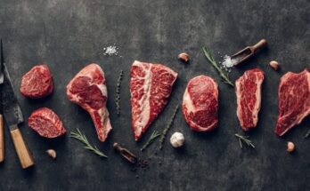 raw meat on a table with a knife, garlic and pepper