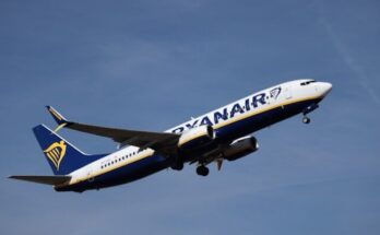 Ryanair airplane ascending into a clear blue sky
