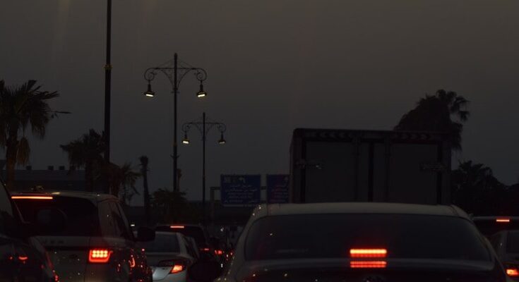 Traffic jam on a dark, cloudy evening