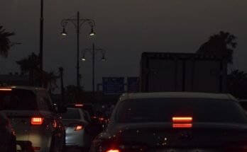 Traffic jam on a dark, cloudy evening