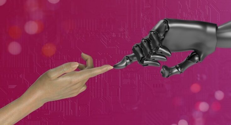 two hands touching each other in front of a pink background