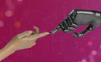two hands touching each other in front of a pink background