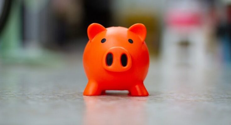 A small orange piggy bank sits on a surface
