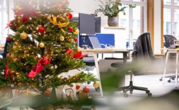 A decorated christmas tree in an office cubicle