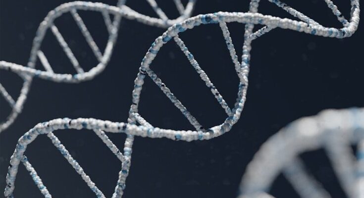 A white and blue DNA double helix structure against a dark background