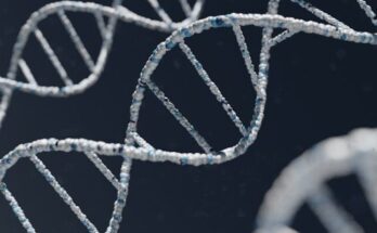 A white and blue DNA double helix structure against a dark background