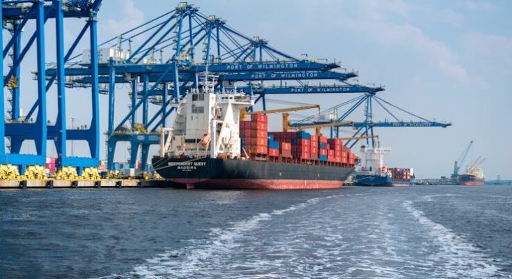 a large cargo ship in the water with a large crane in the background