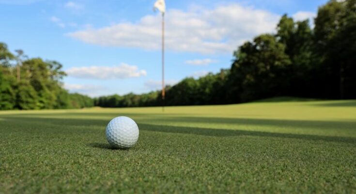 a golf ball sitting on top of a green field