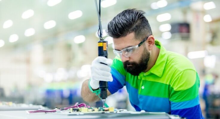 a man in a factory working on a piece of equipment