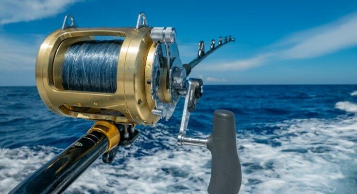 fishing reel by water during daytime