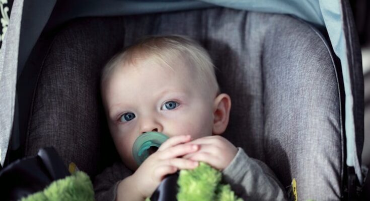 baby on gray stroller