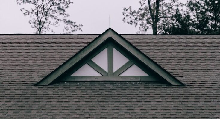 a roof with a triangle shaped window on top of it