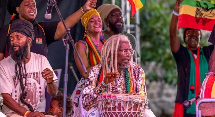 Reggae band performing on stage with flags